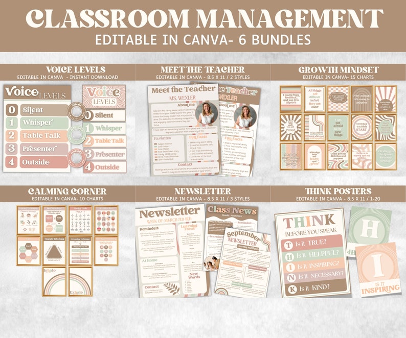 May include: Classroom management printable posters in a peach and green color scheme. The posters include voice levels, meet the teacher, growth mindset, calming corner, newsletter, and think posters. The posters are editable in Canva.