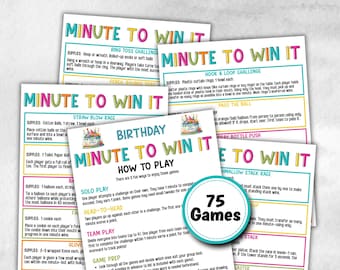 May include: A collection of colorful game cards titled "Minute to Win It" for a birthday party. The cards feature various challenges, including ring toss, straw blow race, and hook & loop challenges. A circular badge indicates 75 games are included.