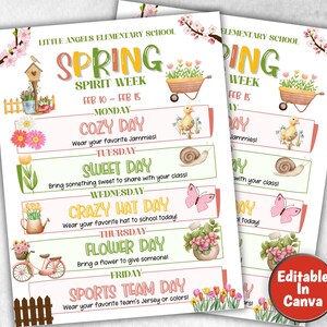 May include: A printable spring spirit week schedule for Little Angels Elementary School. The schedule includes a different theme for each day of the week, such as Cozy Day, Sweet Day, Crazy Hat Day, Flower Day, and Sports Team Day.