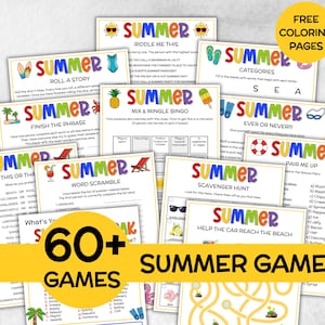 May include: A selection of bright summer game cards, including "Roll a Story," "Riddle Me This," and "Scavenger Hunt." The cards have fun illustrations and the text "60+ GAMES" and "SUMMER GAMES."