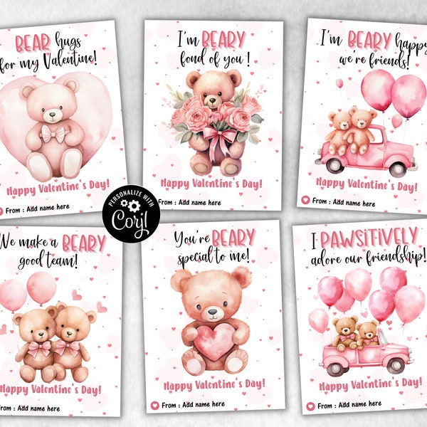 Bear Valentine Cards | Printable School Kids Valentines Day Cards | Valentine'S Day Card | Valentine Tag Set I  Teddy Bear Valentine I  Bear