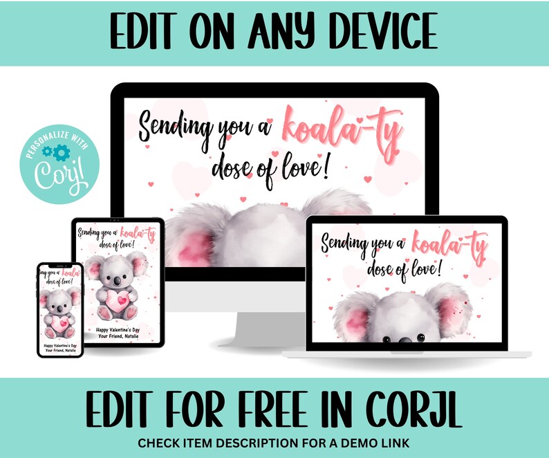 Editable in Corjl Koala Valentine I Koala Valentines Day Cards ...