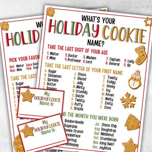 以下が含まれることがあります： 「What's Your Holiday Cookie Name?」のテキストと、クッキーの名前を決めるゲームが印刷された2枚のシート。シートは赤と緑の配色で、クッキーのイラストが描かれています。小さなカードも含まれています。