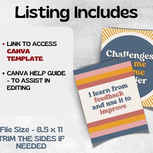 May include: Two cards with motivational quotes in a retro style. One card reads "I learn from feedback and use it to improve", the other says "Challenges me me fer". The image also includes text that says "Listing Includes" and "File Size - 21.6 x 28 cm".