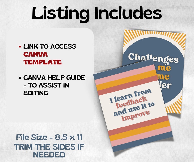 May include: Two cards with motivational quotes in a retro style. One card reads "I learn from feedback and use it to improve", the other says "Challenges me me fer". The image also includes text that says "Listing Includes" and "File Size - 21.6 x 28 cm".