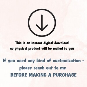 Pu&ograve; includere: Un'icona di download digitale con una freccia che punta verso il basso in un cerchio. Il testo sottostante recita: "Questo &egrave; un download digitale istantaneo nessun prodotto fisico verr&agrave; spedito Se hai bisogno di qualsiasi tipo di personalizzazione - contattami PRIMA DI EFFETTUARE UN ACQUISTO"