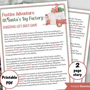 May include: A printable PDF game for kids featuring a Christmas theme. The game is called "Festive Adventure at Santa's Toy Factory" and includes a Christmas Left Right Game. The game is illustrated with a watercolor image of a red and white camper with a snowman on top. The camper is decorated with a Christmas tree and presents.