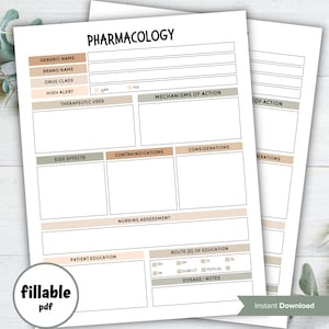 Modèle modifiable de pharmacologie, guide d'étude, notes de pharmacologie, feuilles d'étude, notes d'étudiante en soins infirmiers, modèle de carte de médicaments, carte à imprimer hesi