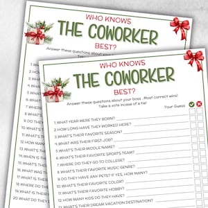 May include: Two printed game sheets titled "Who Knows The Coworker Best?" with a Christmas theme. The sheets have a green border and feature a gift graphic with a red bow. The game includes questions about colleagues.