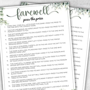 Puede incluir: Dos hojas de papel blanco con un juego de despedida impreso. El juego se titula "farewell pass the prize" e incluye instrucciones y un borde floral decorativo.