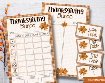 May include: Printable Thanksgiving Bunco game scorecards with a brown and white plaid background. The scorecards have a fall leaf design and include spaces for player name, game number, total wins, losses, and buncos. There are also printable cards with a fall leaf design that say "Low Table", "High Table", "Mid Table", and "Table 1".
