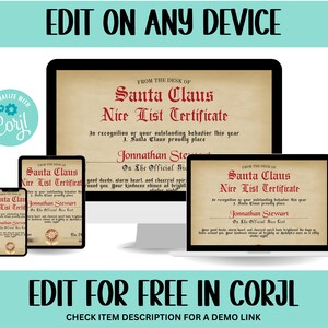 K&ouml;nnte beinhalten: Ein digitales Mockup eines druckbaren Weihnachtsmann-Netten-Listen-Zertifikats. Das Zertifikat wird auf einem Computerbildschirm, einem Tablet und einem Smartphone angezeigt. Der Text auf dem Zertifikat lautet "Vom Schreibtisch des Weihnachtsmanns Nettes-Listen-Zertifikat" und "In Anerkennung Ihres hervorragenden Verhaltens in diesem Jahr, platziert der Weihnachtsmann [Name] stolz auf die Offizielle Nette-Liste."