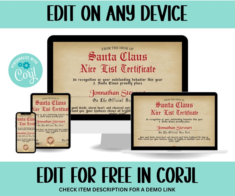 K&ouml;nnte beinhalten: Ein digitales Mockup eines druckbaren Weihnachtsmann-Netten-Listen-Zertifikats. Das Zertifikat wird auf einem Computerbildschirm, einem Tablet und einem Smartphone angezeigt. Der Text auf dem Zertifikat lautet "Vom Schreibtisch des Weihnachtsmanns Nettes-Listen-Zertifikat" und "In Anerkennung Ihres hervorragenden Verhaltens in diesem Jahr, platziert der Weihnachtsmann [Name] stolz auf die Offizielle Nette-Liste."