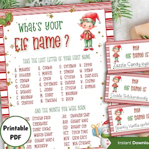 Juego de etiquetas con nombre de elfo, Navidad para niños, Letrero de tablero con nombre de elfo, Generador de nombres de elfo, Actividades navideñas, Juegos para fiestas navideñas, ¿Cuál es tu nombre de elfo?