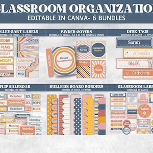 Organisations-Bundle fürs Klassenzimmer, Flip-Kalender, Schreibtisch Tags, Etiketten für Klassenzimmer, Ordnerhüllen, Trolley Warenkorb Etiketten, Pinnwand Bordüren
