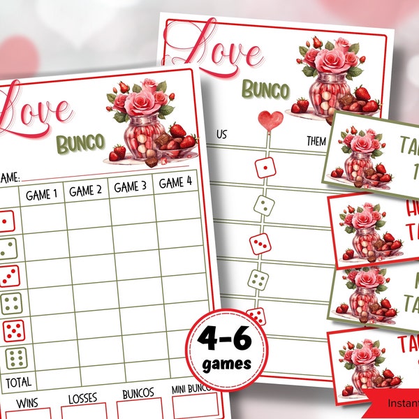 Love Bunco Score Sheet Template | Pink And Red Printable Bunco | Valentines Printable Bunco | Printable Bunco Set I  February Bunco Cards