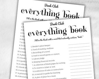 Book Club Everything book, Book club hosting, Bookworm meeting, bookstagram theme party, coversation starter, trivia challenge, themed party