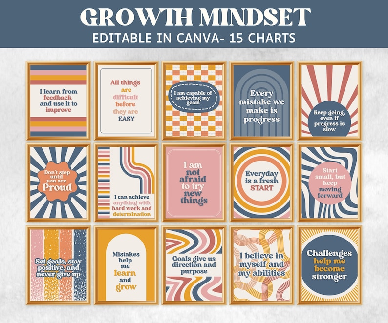 May include: Fifteen framed posters with motivational quotes in a retro style. Each poster has a different design with phrases like "Growth Mindset" and "Everyday is a fresh START". The colour palette includes orange, blue, and pink.