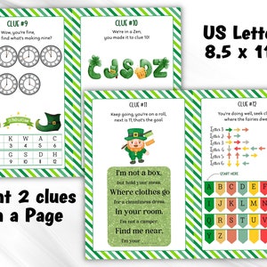 May include: Printable St. Patrick's Day scavenger hunt game with 12 clues. The clues are written in a fun, rhyming style and feature illustrations of leprechauns. The game is designed to be played on 8.5 x 11 inch paper.