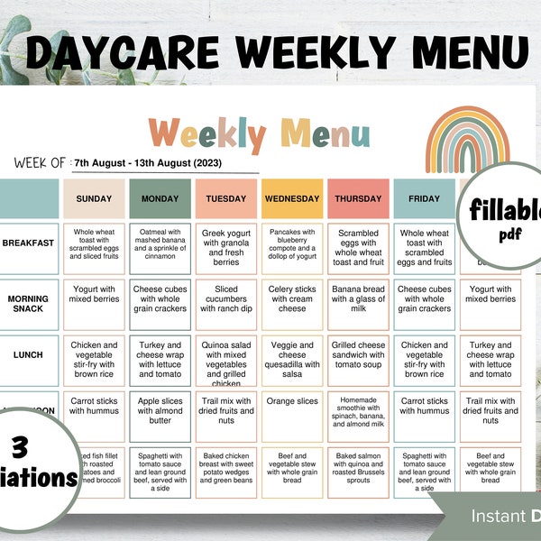 Home Daycare Weekly Menu Editable | Weekly meal planner | Preschool Menu | Home School Meal Planner | Daycare Template I editable menu