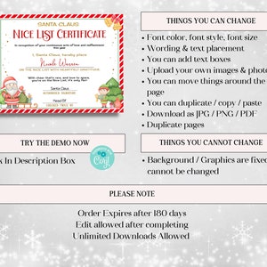May include: A red and white Christmas certificate template with a Santa Claus and elf illustration. The text reads "Santa Claus Nice List Certificate" and "Things You Can Change" and "Things You Cannot Change".