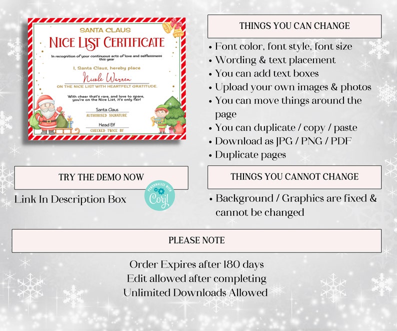 May include: A red and white Christmas certificate template with a Santa Claus and elf illustration. The text reads "Santa Claus Nice List Certificate" and "Things You Can Change" and "Things You Cannot Change".