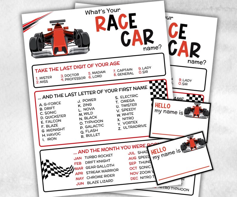 Names In Car Racing Format What is Your Race Car Name Printable Game, Office Party, Daycare Name ...
