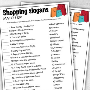 May include: Two white sheets of paper with a shopping game printed on them. The game is titled "Shopping slogans" and asks players to match beverage brands with their slogans. Colourful shopping bag graphics are in the top right corner.