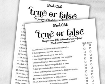 Book Club True or False, Book club hosting, Bookworm meeting, bookstagram theme party, coversation starters, trivia challenge, themed party