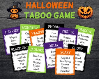 May include: A Halloween-themed taboo game with cards featuring words like "Hayride", "Monster", "Vampire", "Phobia", "Shriek", "Shadow", "Black Cat", "Cauldron", "Ouija", "Scary", and "Ghost".