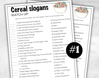Cereal Slogan Trivia, TV Commercial Trivia, Ad Slogan Office Party, Teens Adult, Ad Slogan Match Up Quiz game, Trivia Night,Breakfast Trivia