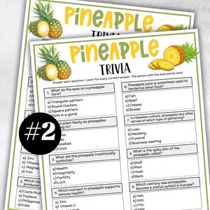 May include: Two printed sheets of pineapple trivia questions. The top sheet has the word "Pineapple" in large yellow and green letters, with a pineapple illustration. The trivia questions are in black text.