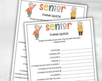 Peut inclure: Deux feuilles de papier blanches avec les mots "senior THINK QUICK" en lettres colorées. Le jeu demande aux joueurs de lister trois éléments dans diverses catégories, telles que les fruits, les animaux et les couleurs. Des illustrations de personnes âgées sont en haut.