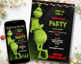 Peut inclure: Une invitation numérique pour une fête de Grinchmas le dimanche 24 décembre 2023 à 20h. L'invitation présente un personnage vert du Grinch avec un sourire malicieux et le texte "Rejoignez-nous pour une fête de Grinchmas".