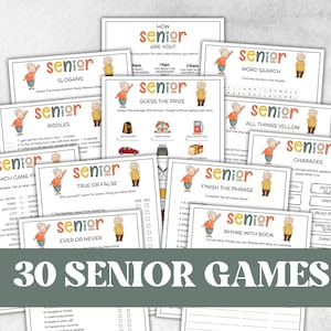 May include: A collection of 30 senior games, featuring various activity cards with colorful illustrations and text. The games include word searches, riddles, and trivia, designed for senior citizens. The title "30 Senior Games" is prominently displayed.