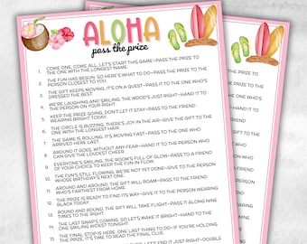 Aloha hawaiano, pase el premio, luau tropical, verano tiki, vacaciones en la playa de Hawái, fiesta en la piscina con barbacoa en el patio, divertido intercambio de regalos, fiesta al aire libre