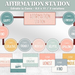 May include: An affirmation station design with the text "AFFIRMATION STATION" and various positive affirmations. The design includes circular and rectangular elements in pastel colors like pink, blue, and yellow. The text "Editable in Canva - 8.5 x 11 / 3 variations" is also present.