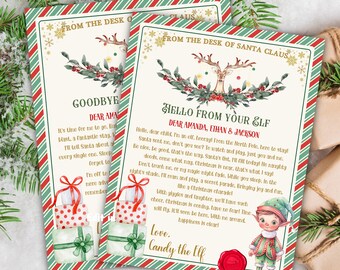 May include: A printable Christmas letter from Santa's elf, Candy, to children named Amanda, Ethan, and Jackson. The letter is decorated with a green and red striped background, a reindeer, and a stack of presents. The letter includes a message from the elf, wishing the children a happy holiday season.