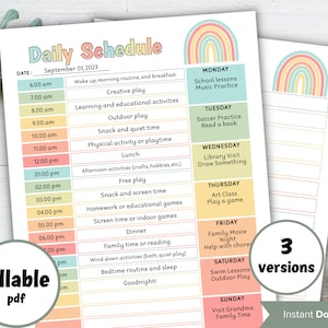 May include: A printable daily schedule template with a rainbow design. The schedule is divided into hourly time slots from 6:00 am to 8:00 pm. Each day of the week is listed with suggested activities. The text "Daily Schedule" is at the top of the page. The text "September 01, 2023" is below the title. The text "fillable pdf" is in a circle at the bottom left corner of the page. The text "3 versions" is in a circle at the bottom right corner of the page. The text "Instant Download" is at the bottom center of the page.