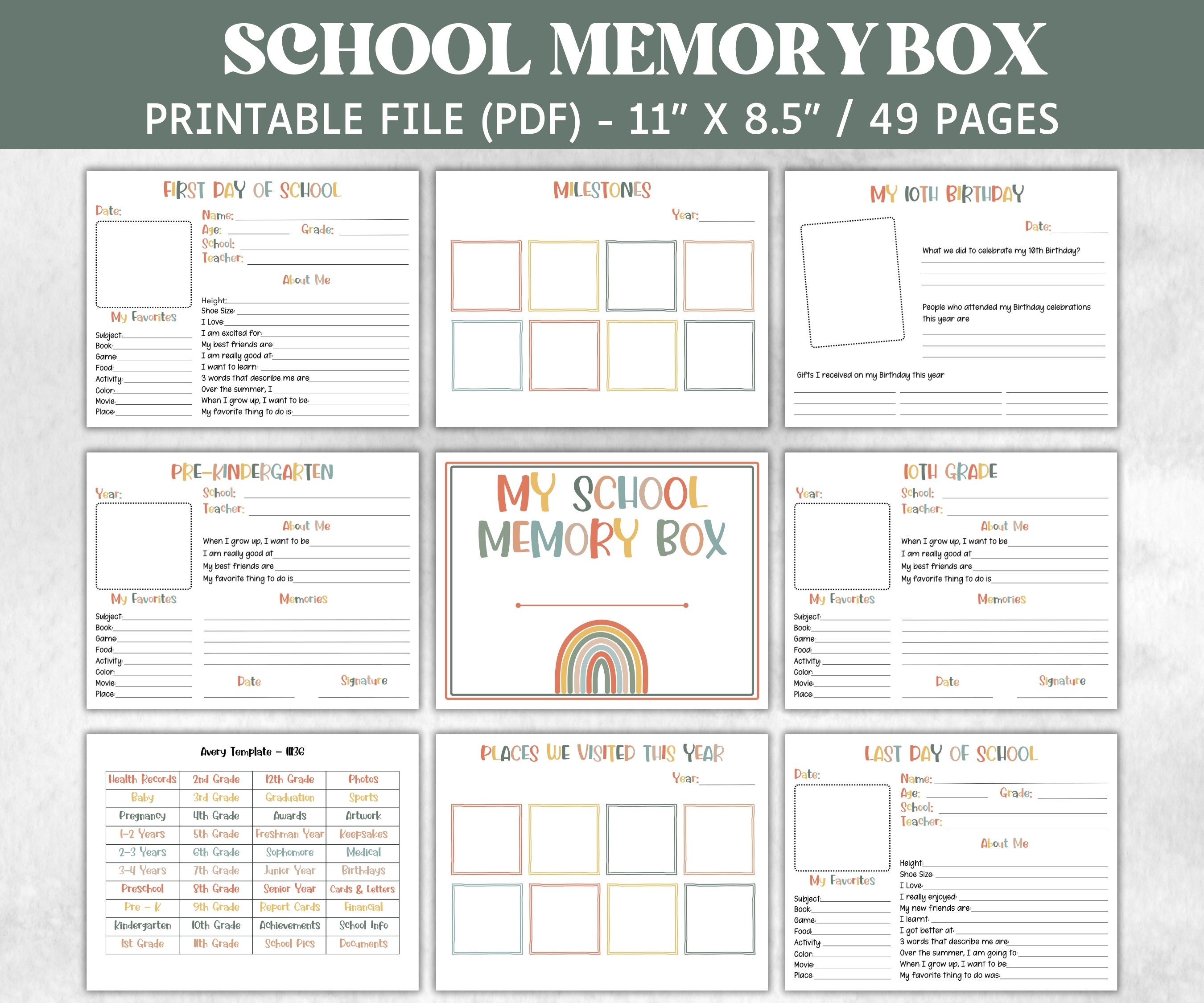 Kit scatola dei ricordi per bambini, libro dei ricordi scolastici, diario dei ricordi, scatola dei ricordi, diario dei ricordi, etichette per cartelle di file stampabili, pietra miliare del bambino