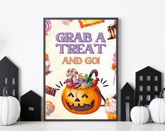 May include: A printable Halloween sign featuring a pumpkin filled with sweets and the text "Grab a Treat and Go!"