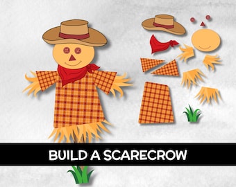 May include: A colorful illustration of a build-a-scarecrow craft. The scarecrow has a tan hat, orange face, red bandana, and a plaid shirt. The image includes separate pieces to build the scarecrow, and the text "BUILD A SCARECROW".