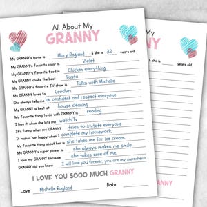 Questionnaire Tout sur ma grand-mère, cadeau personnalisé, coloriage, remplir les cases, cadeau souvenir imprimable, carte grand-mère unique