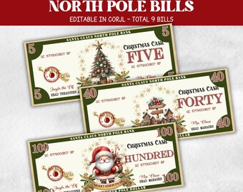 Kousvuller, klaar om kerstspeelgeld af te drukken, Noordpooldollarbiljet, Afdrukbaar kerstgeld, bewerkbare kerstgeld, dollar