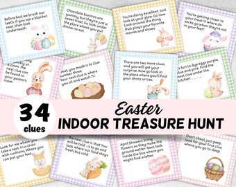 May include: A set of 34 Easter-themed indoor treasure hunt clues. Each clue is printed on a card with a pink and white checkered background and features a cute bunny illustration. The cards are perfect for a fun Easter activity for kids.