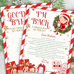 Op de afbeelding: Een rood-wit gestreepte kaart met een gouden sterrenpatroon en de tekst "I'm Back I Missed You So Much!" Een cartoon-elf houdt een krans vast met de tekst "Beste Nathan" en een brief met een kerstboodschap.