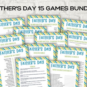 May include: A collection of 15 printable Father's Day games. The games include a crossword puzzle, word match, dad joke riddles, would he rather, unscramble, trivia, cryptogram puzzle, and who knows dad best. The games are designed with a yellow and blue striped background.
