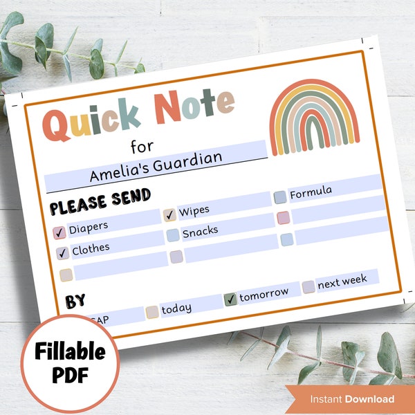 Editable daycare quick note,  Boho Rainbow Daycare Card, Communication Card, Daycare Mail, From Day Care, school pickup note, daycare folder