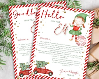 May include: A red and white striped card with a gold star pattern. The card has a handwritten message from an elf to Amelia. The message includes the text "Goodby" and "Hello from your Elf". The card features a watercolour illustration of an elf wearing green clothing and a red hat. The elf is holding a red and white striped candy cane. The card also features a red car with a Christmas tree on top.