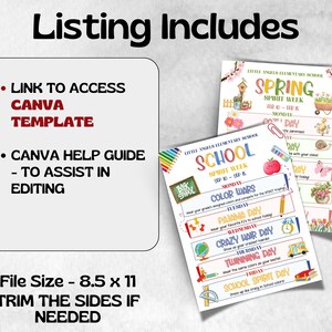 Puede incluir: Plantilla de horario de semana de esp&iacute;ritu escolar imprimible para la escuela primaria Little Angels. La plantilla incluye un enlace para acceder a una plantilla de Canva, una gu&iacute;a de ayuda de Canva y un tama&ntilde;o de archivo de 8,5 x 11 pulgadas. El horario incluye temas diarios como Color Wars, Pajama Day, Crazy Hair Day, Twinning Day y School Spirit Day.
